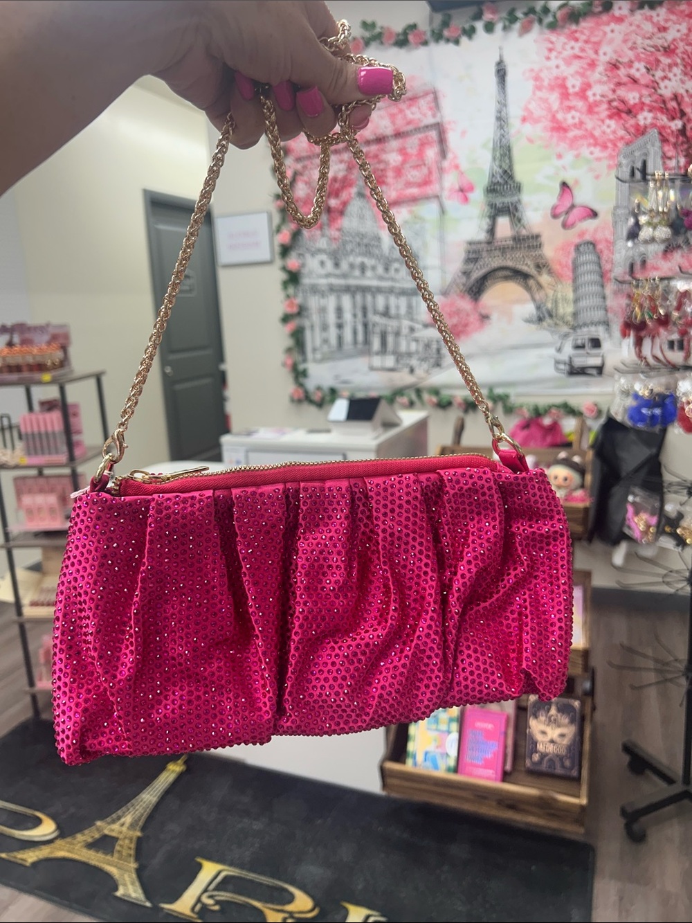 Hot Pink Sequin Chain-Handle Evening Clutch